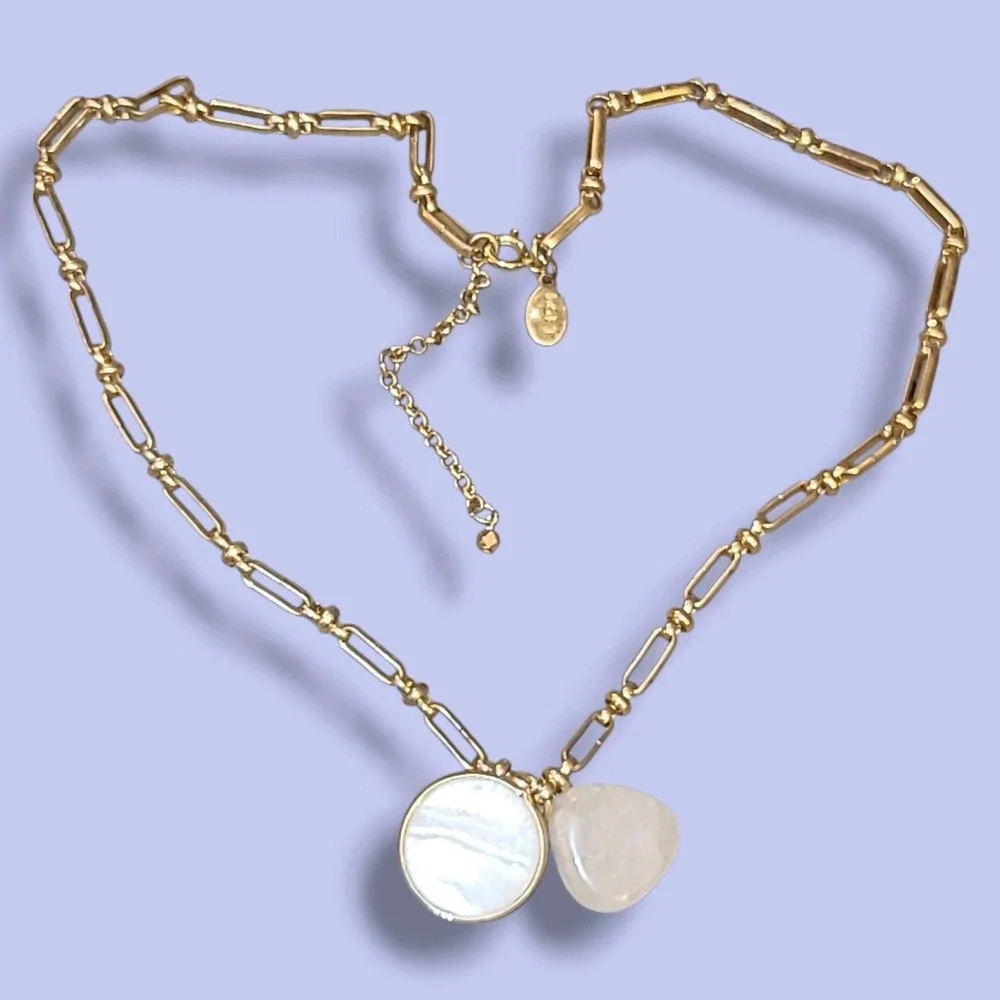 Loft Gold Tone Chain White MOP & Rose Quartz Pendent Charm‎ Necklace